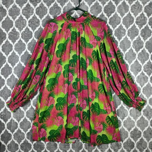 Palms Away Dress Womens Large Pink Green Tropical Palm Long Sleeve Resort - Picture 3 of 10